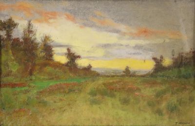 une peinture à l'huile représentant un champ avec des arbres et de l'herbe