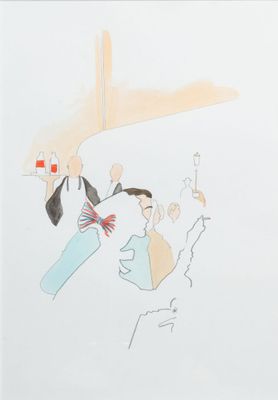 dessin représentant un groupe de personnes alignées, dont l'une tient un téléphone portable