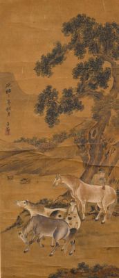 a painting of a group of animals running in a field