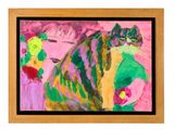 painting of a woman and a horse in a pink field