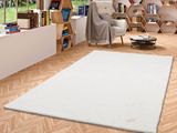 un tapis blanc au milieu d'une pièce avec des bibliothèques
