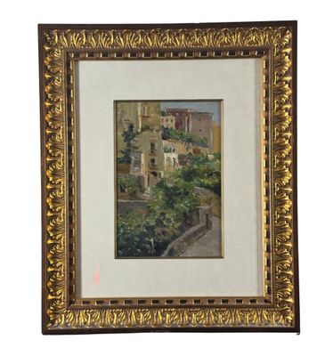 une peinture à l'huile représentant une vue d'une ville, dans un cadre doré
