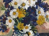 une peinture de fleurs dans un vase sur une table