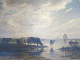 a painting of cows in the water with a boat in the background