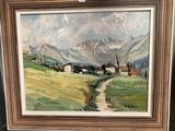 une peinture à l'huile représentant un petit village dans un paysage montagneux