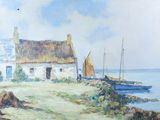 un tableau représentant une maison au bord de l'eau, avec un bateau au premier plan