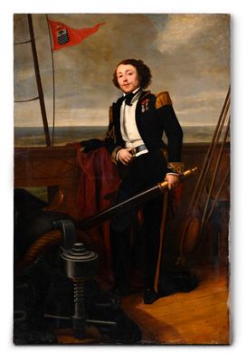 painting of a man in a black suit sitting on a boat with a red flag