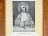 a black and white drawing of jesus holding a cup of coffee