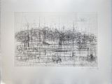 an image of a black and white drawing of trees in a field