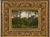 un tableau représentant des arbres dans une forêt, avec le ciel en arrière-plan