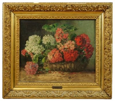 une peinture à l'huile représentant des fleurs dans un panier posé sur une table