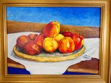 a painting of a bowl of peaches on a table