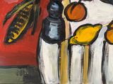 un tableau représentant des oranges et des bananes dans un vase posé sur une table