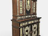 a large wooden cabinet with a clock on top of it