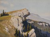 une peinture représentant une montagne avec des arbres sur l'un de ses versants