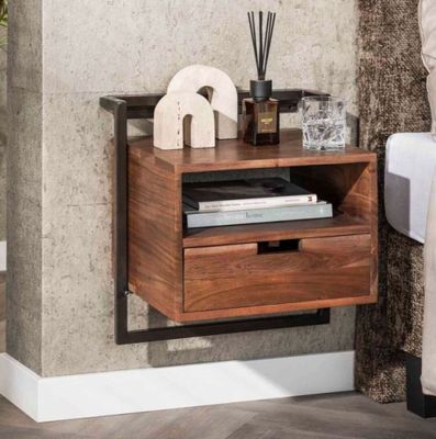 Chevet suspendu EMERIC, 1 tiroir et 1 niche en acacia brun e…