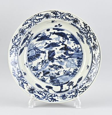blue and white plate with birds and flowers on a stand