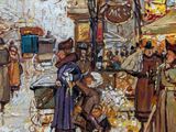 painting of a street scene with people and a dog on a snowy day
