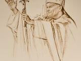 dessin représentant un homme vêtu d'une aube de prêtre et tenant une croix
