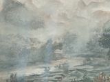a picture of a painting of a landscape with a river in the foreground