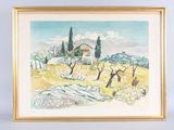 l'image d'un tableau représentant un paysage avec une maison au loin