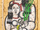 a painting of a woman holding a flower and a child