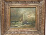a painting of a sailboat in rough water with a cloudy sky