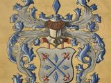 un ancien blason représentant un homme muni d'une épée et d'un bouclier