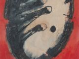 an image of a painting of a black and white ball on a red surface