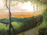 un tableau représentant un champ et des arbres