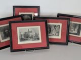 quatre photographies encadrées représentant un bâtiment et une horloge posée sur une table