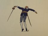 a drawing of a man in a blue coat and hat holding a cane
