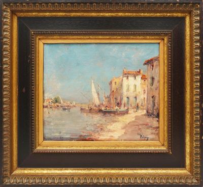 une peinture à l'huile représentant des bateaux sur l'eau près de bâtiments