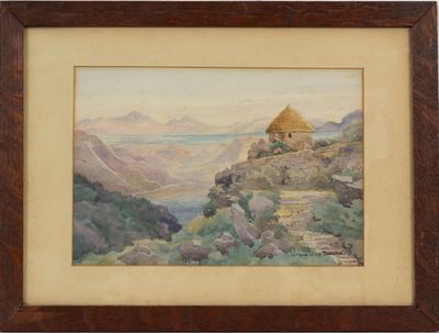 une image d'une peinture représentant une maison sur une colline