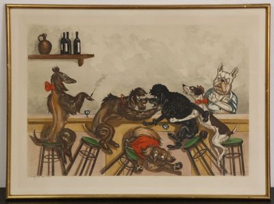 une image d'un tableau représentant un groupe de chiens dans un bar