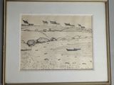 drawing of a boat in a body of water next to a wall