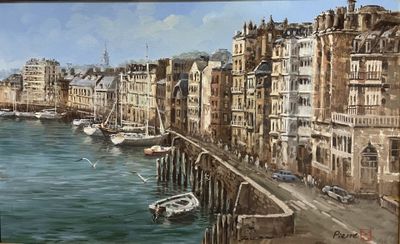 a painting of a city by the water with boats in it