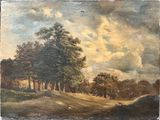 an oil painting of a wooded landscape with trees on a hill