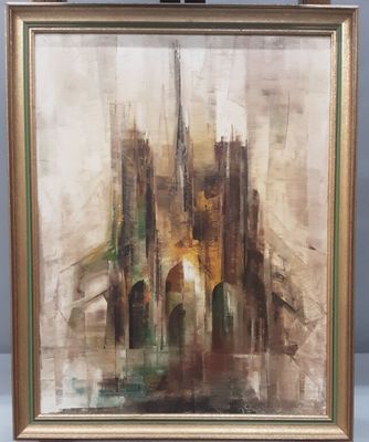 une peinture à l'huile représentant un paysage urbain, dans un cadre doré
