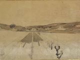 drawing of a desert scene with a tent and a person in the foreground
