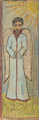 painting of an angel in a blue robe standing in a field
