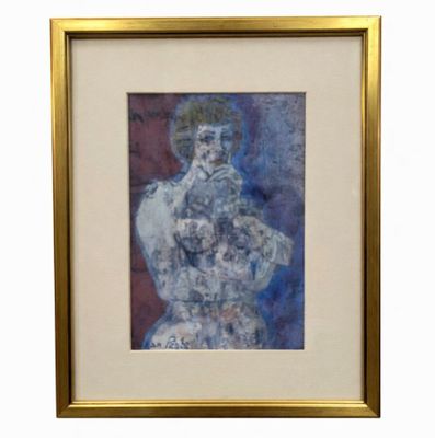 tableau représentant une femme en robe bleue, dans un cadre doré
