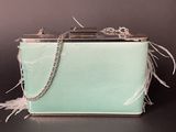 mint green clutch bag with feather trim and chain strap