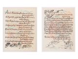 deux anciens manuscrits comportant des inscriptions et un dessin représentant un homme à cheval
