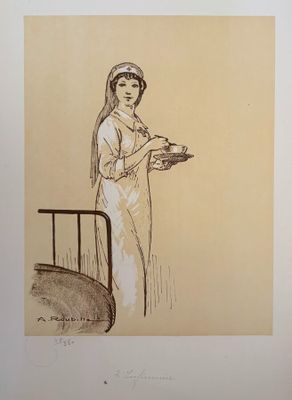 drawing of a woman in a white dress holding a tray of food