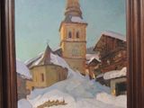 une image d'une peinture d'une église dans la neige