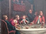 a painting of a group of people sitting around a table