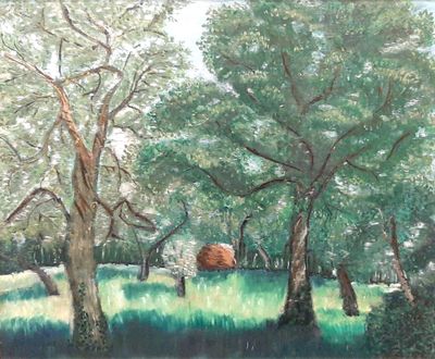 a painting of a cow in a field with trees