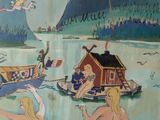 a picture of a painting on the wall of a bathroom