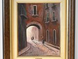 an oil painting of two people walking down a cobblestone street